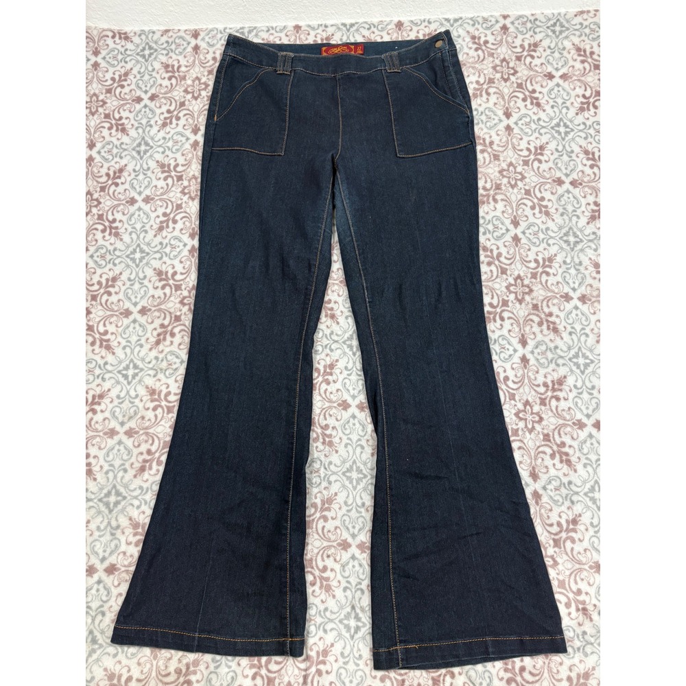 One 5 One Women Dark Wash Flare Jeans Size 12 Front Patch Pockets Stretch Denim